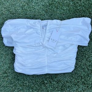 NWT VICI White Off-Shoulder Ruched Bandeau Crop Top